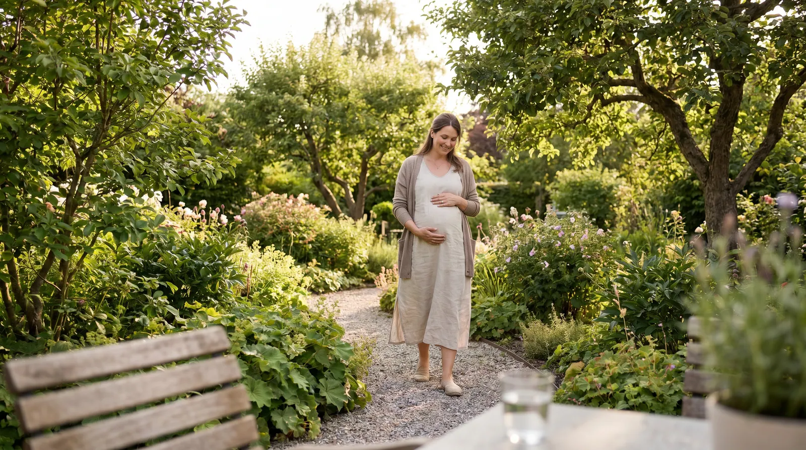 A pregnant woman taking a light walk in a green garden after a meal