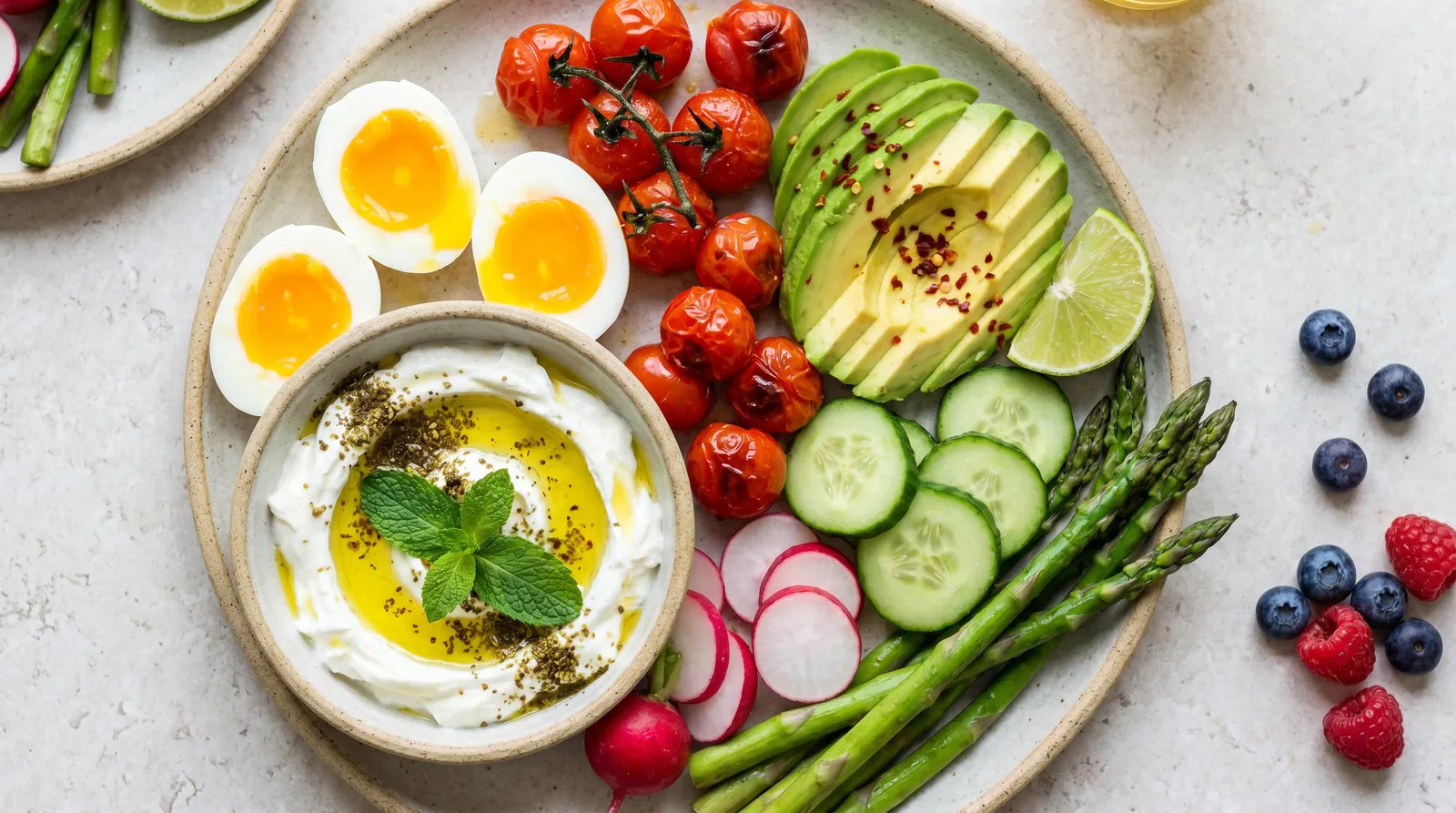 Protein-rich breakfast for gestational diabetes: eggs, vegetables, Greek yogurt, and nuts