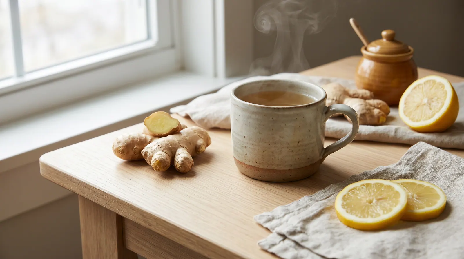جذر الزنجبيل الطازج بجوار كوب شاي زنجبيل دافئ