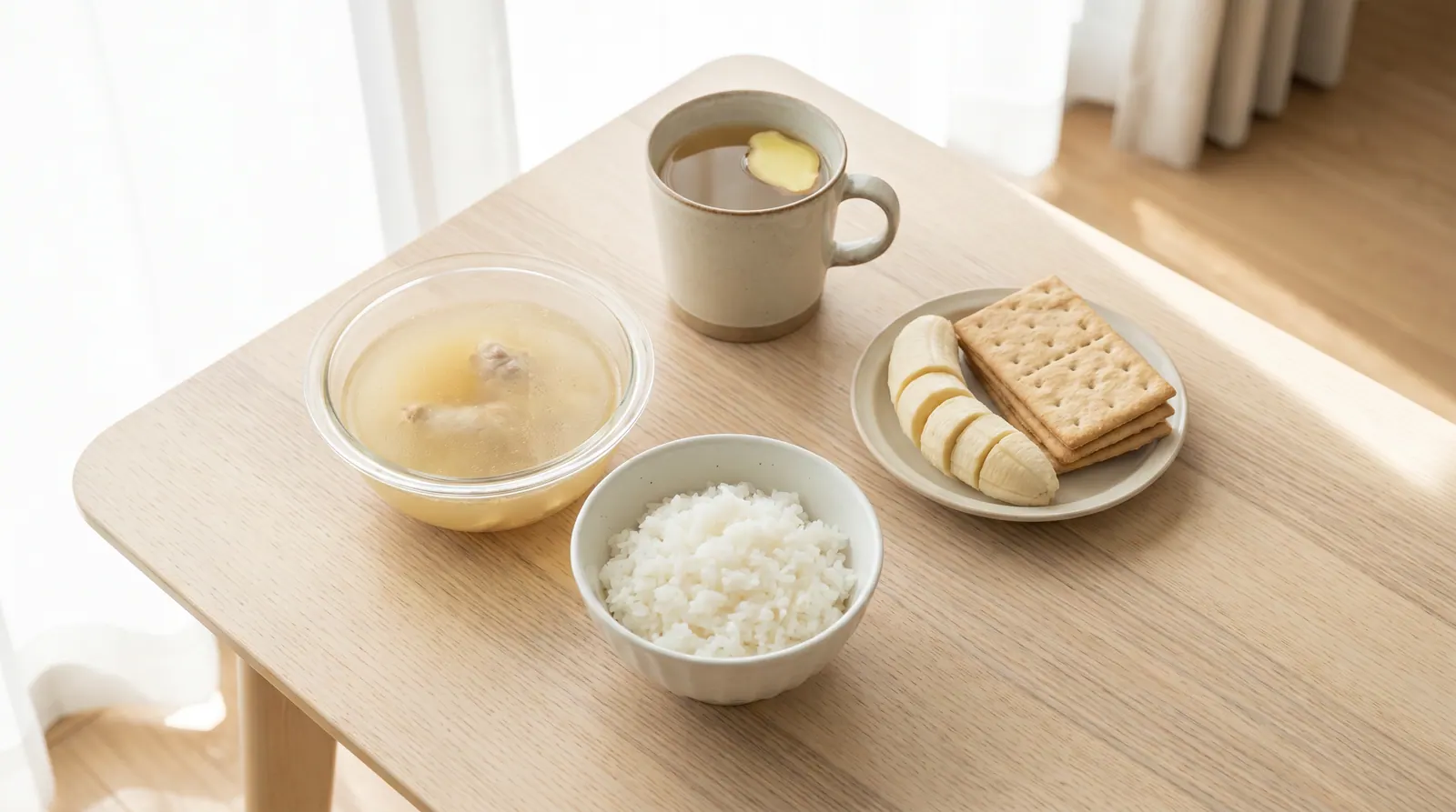 Gentle foods for the stomach: oatmeal, yogurt, banana, soup, and boiled eggs