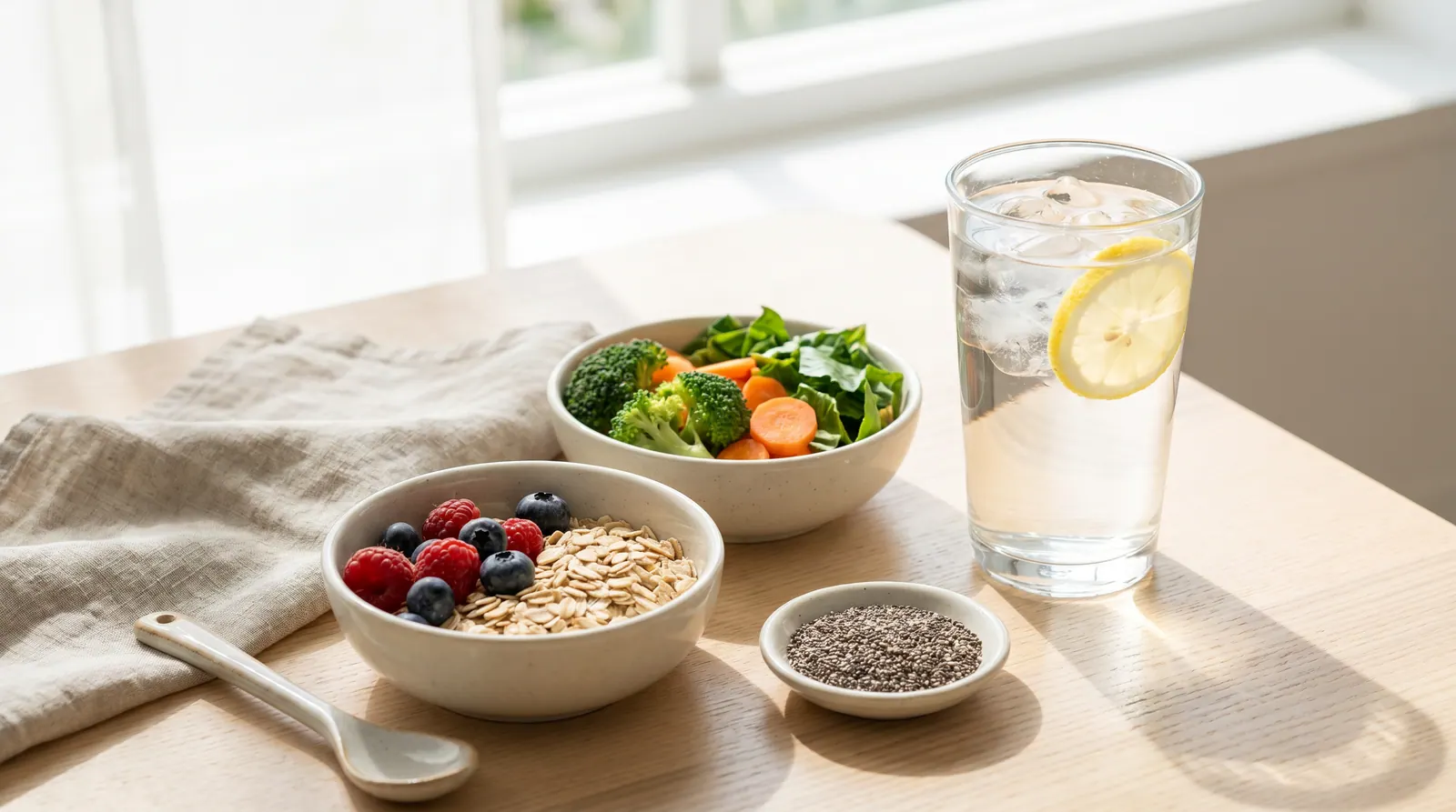 A glass of water and a bottle next to fiber-rich foods: lentils, beans, vegetables, whole wheat bread, and fruits