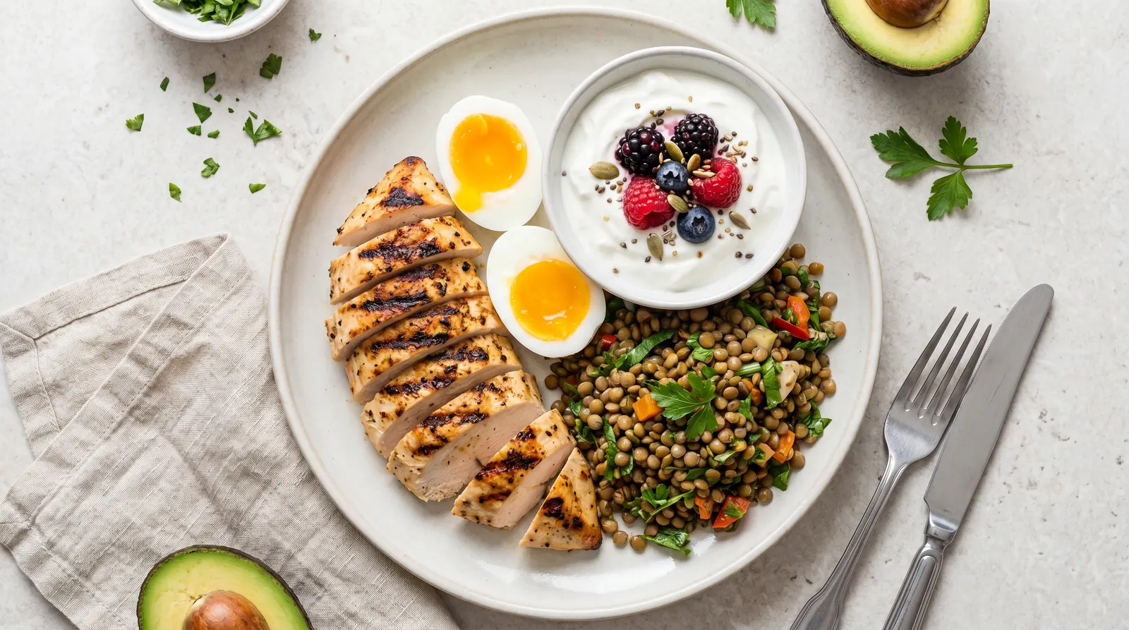 A protein-rich plate with prioritized items: protein and vegetables before carbs