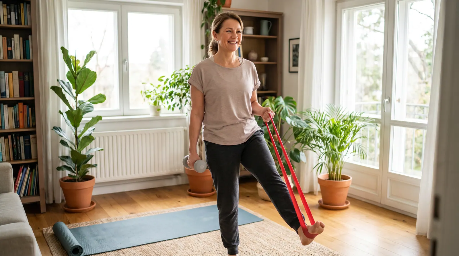 Simple home resistance exercises with light weights and a resistance band
