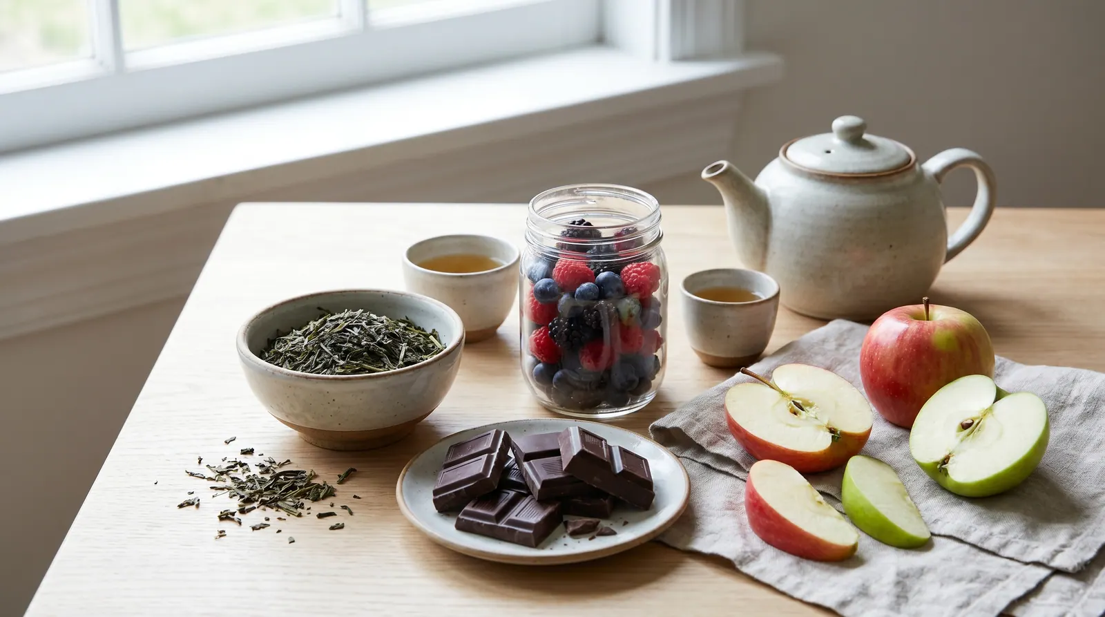 Concentrated green tea extract capsules next to a cup of brewed tea for comparison