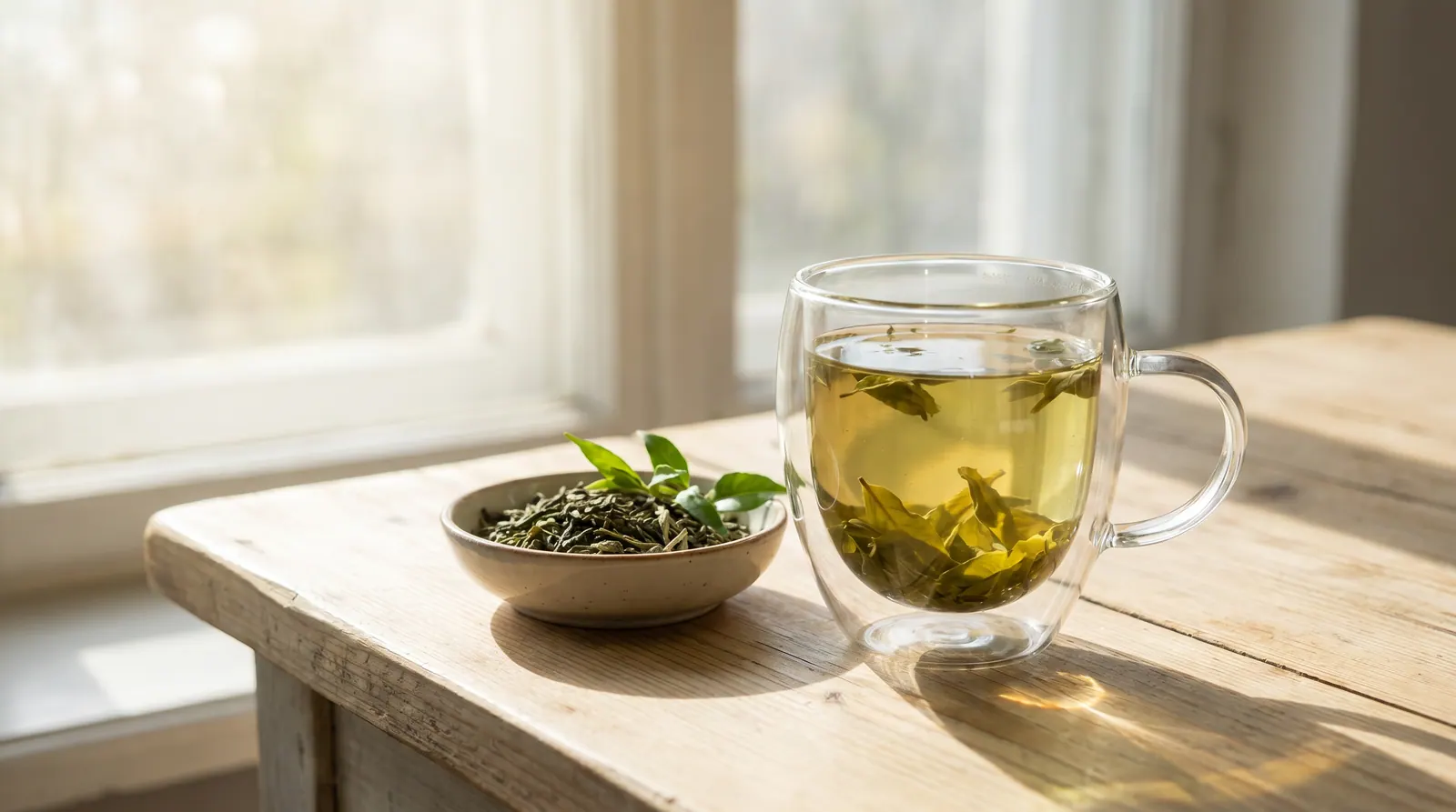 A cup of green tea next to fresh tea leaves on a serene table