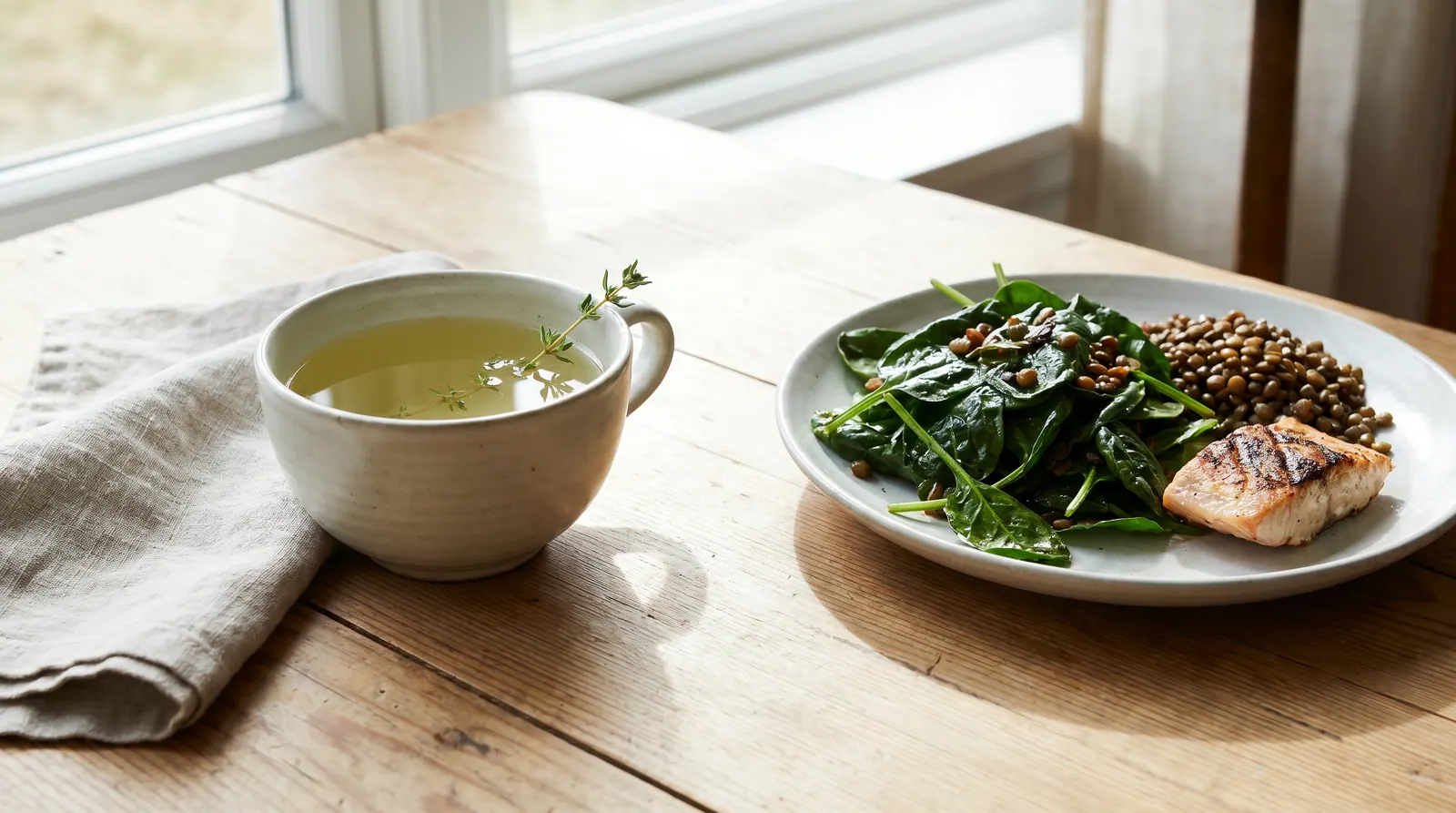 A cup of green tea away from a plate of iron-rich lentils, symbolizing timing separation