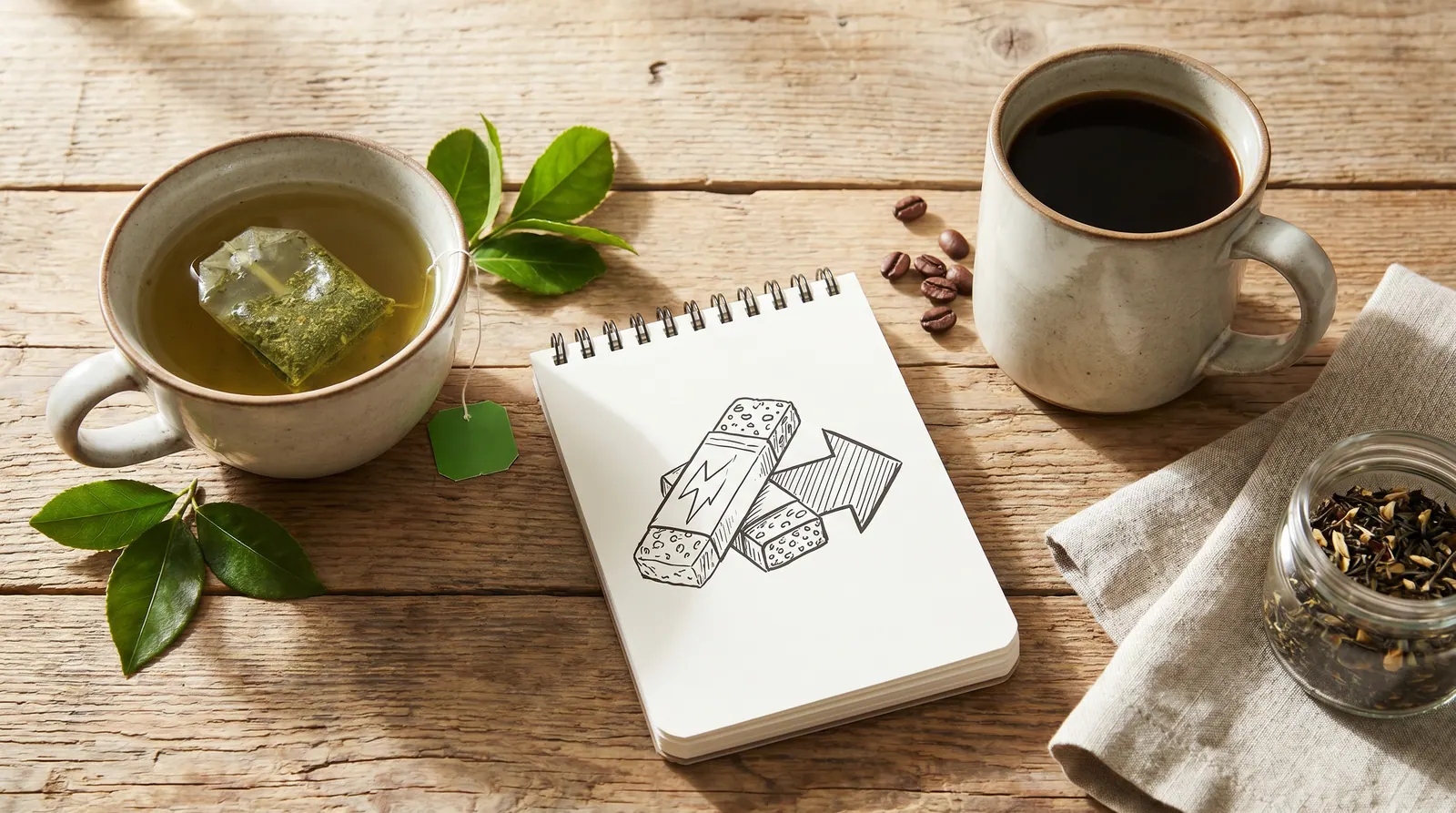 A cup of green tea next to a cup of coffee for caffeine comparison