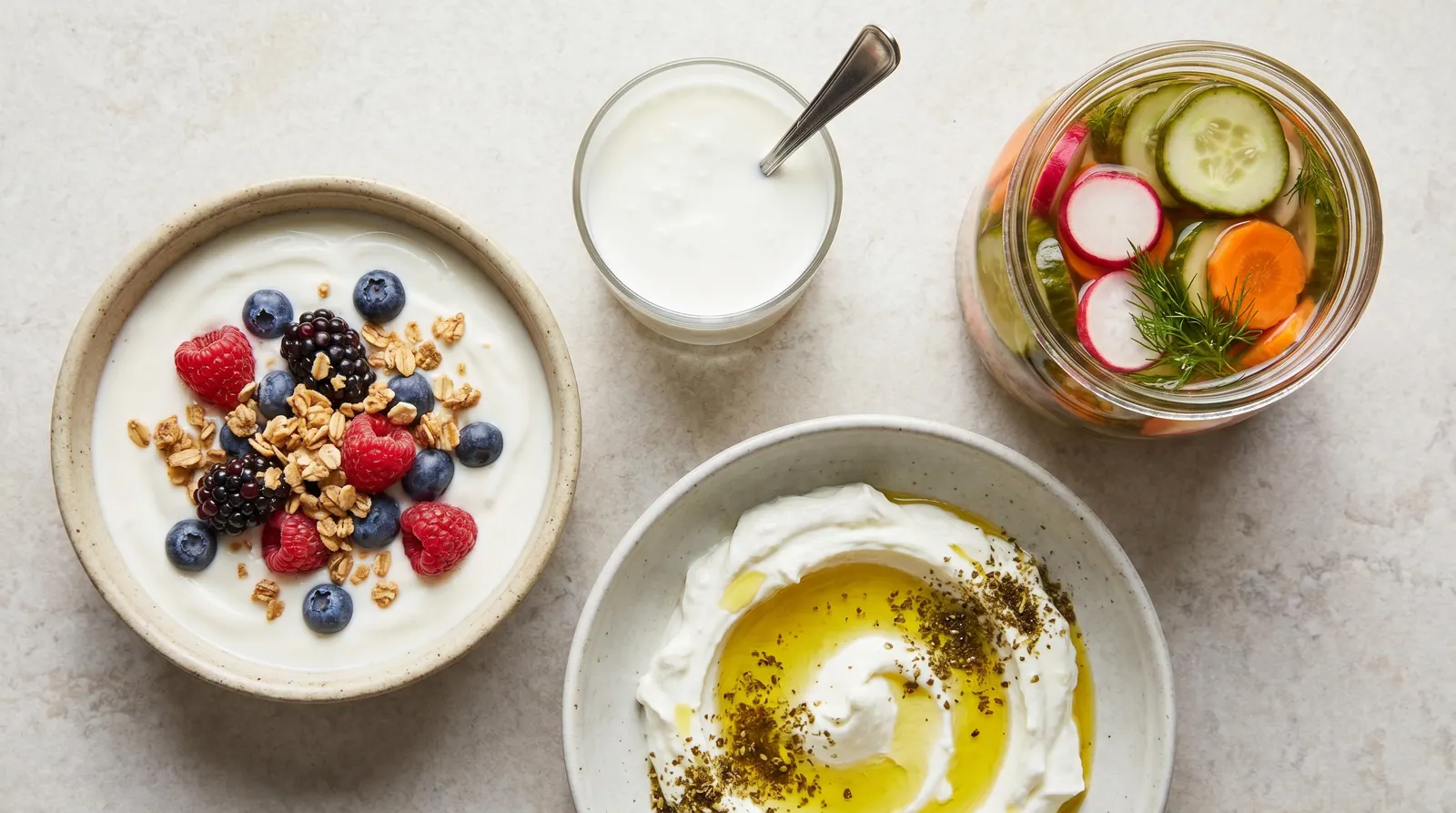 A variety of natural fermented foods like yogurt, kefir, and pickles