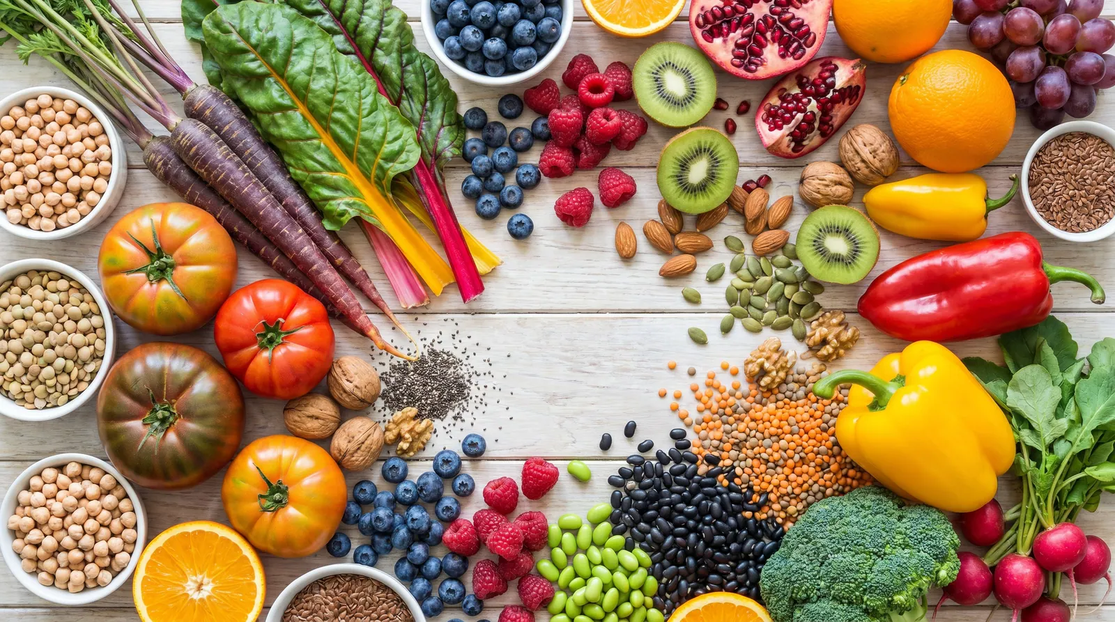 Colorful plant diversity from vegetables, fruits, legumes, grains, nuts, and herbs