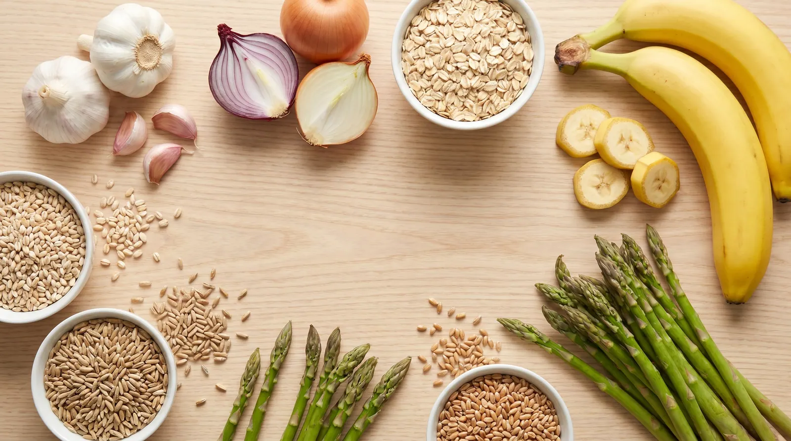 Sources of prebiotic fiber: garlic, onions, bananas, oats, and legumes