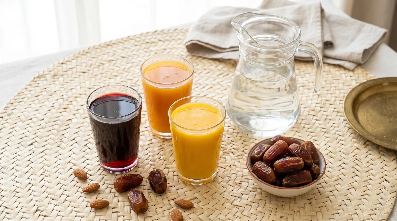 Ramadan Iftar options: water and dates instead of a sweetened juice glass