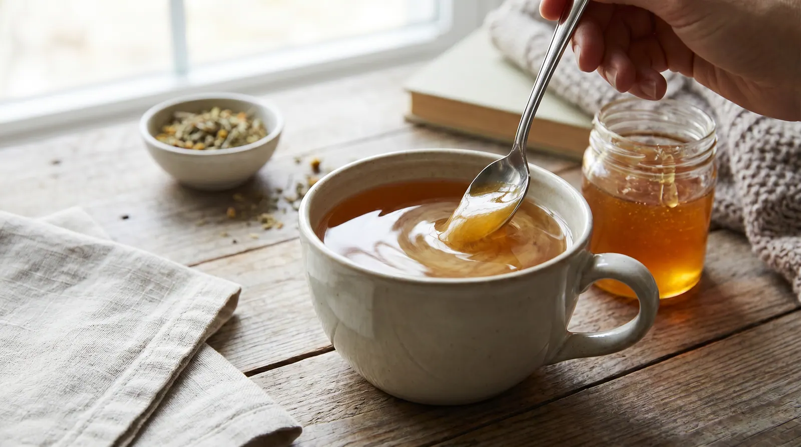 A warm cup of tea with a spoonful of honey dissolving in it, in soft evening light