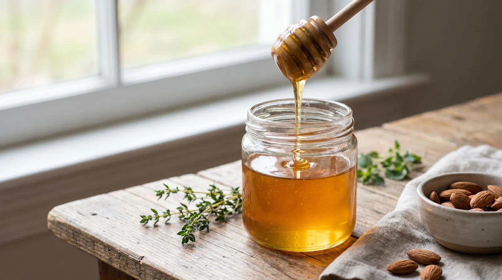 A golden jar of honey and a wooden spoon with a drop of honey flowing