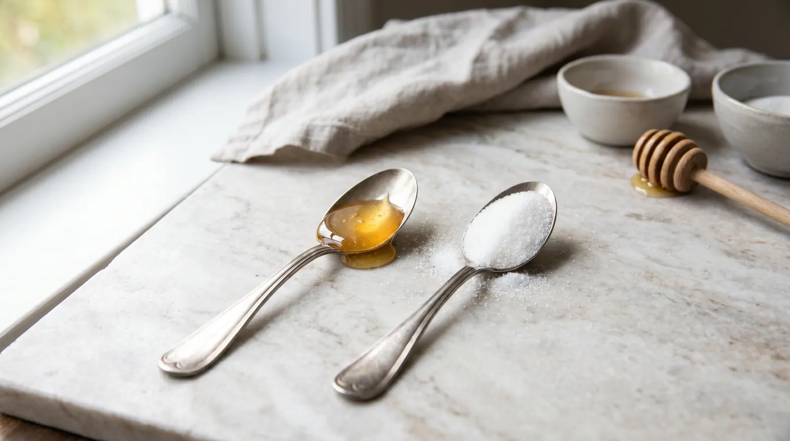 A spoon of honey next to a spoon of white sugar on a neutral surface for comparison