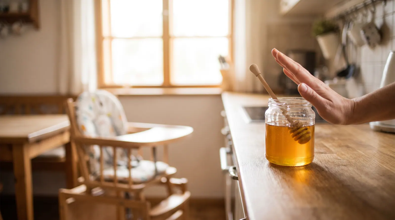 A jar of honey out of reach of an infant as a reminder of the safety rule