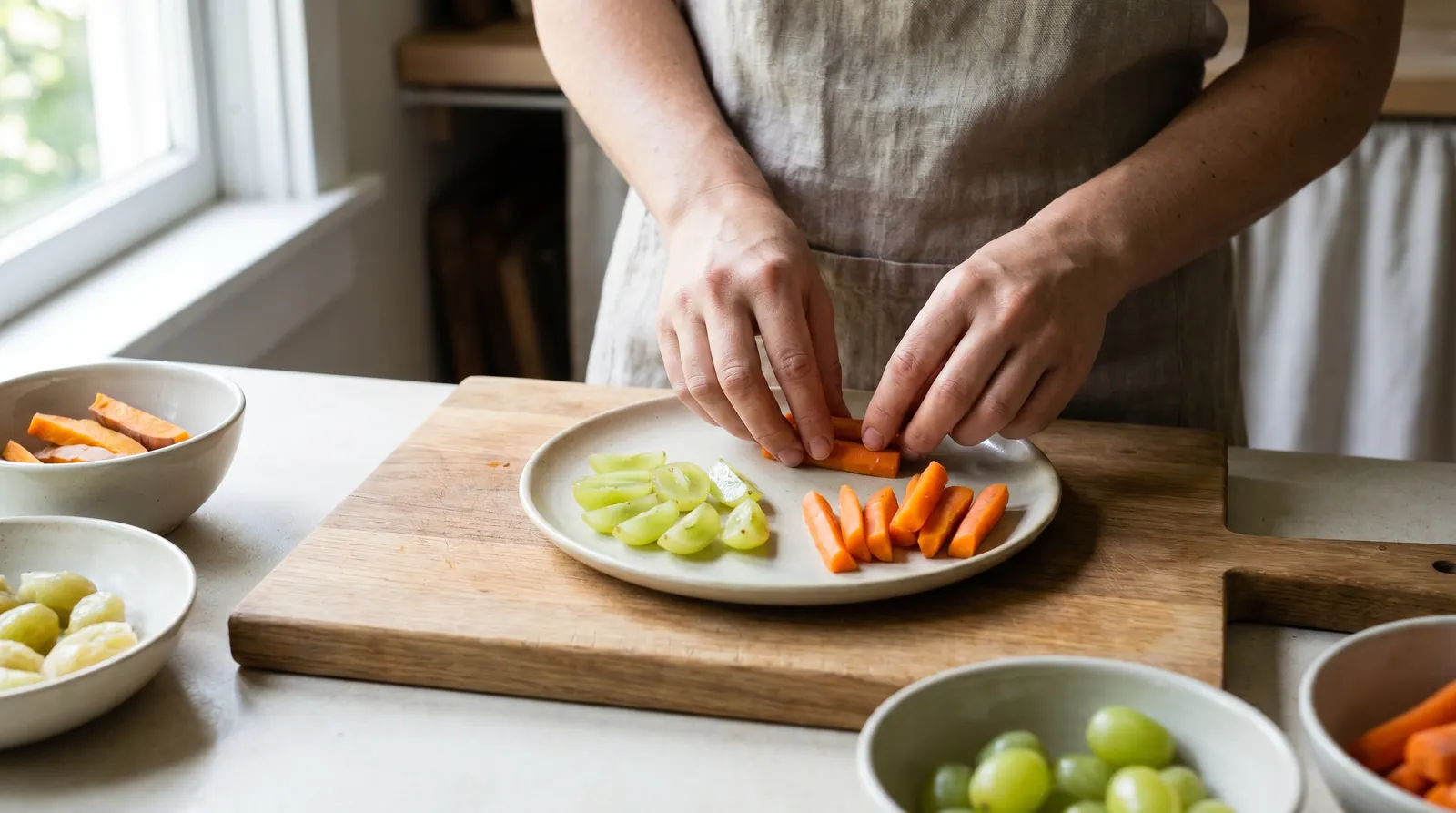 Safe food preparation for baby: quartered grapes and thinly spread peanut butter