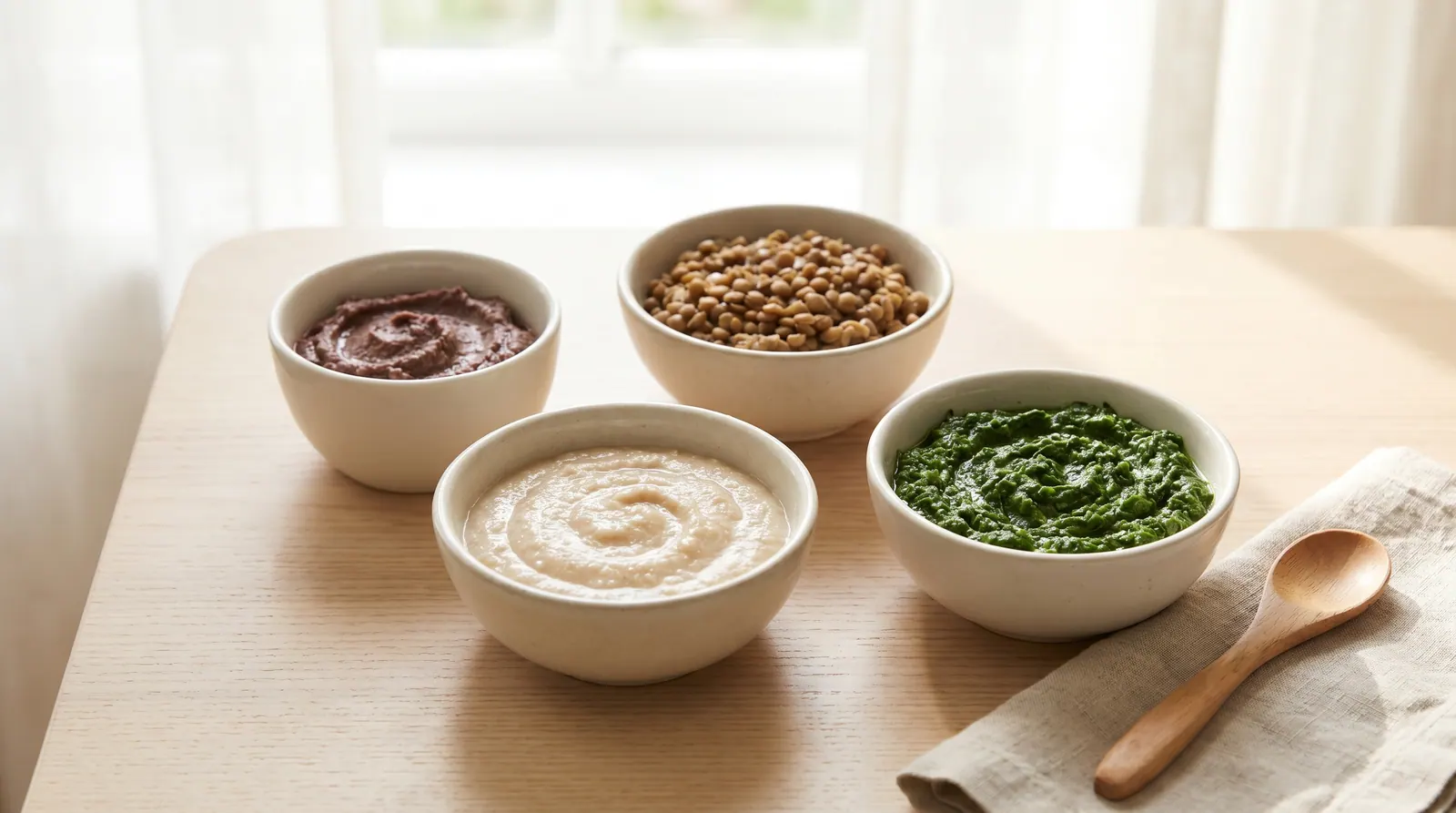 Iron-rich first meals for baby: pureed lentils, meat, and vegetables