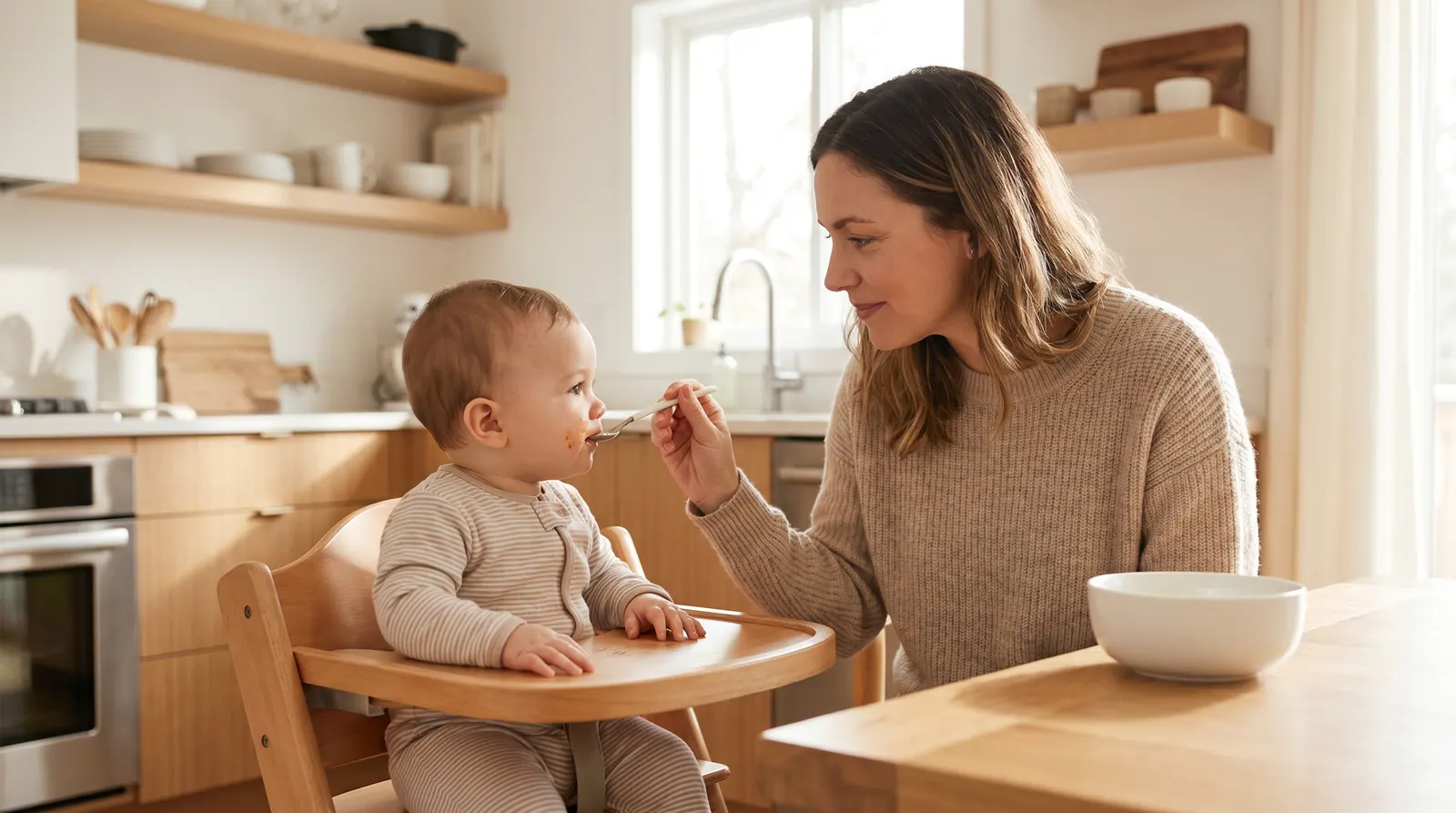 Responsive feeding: a mother calmly reading her baby's cues