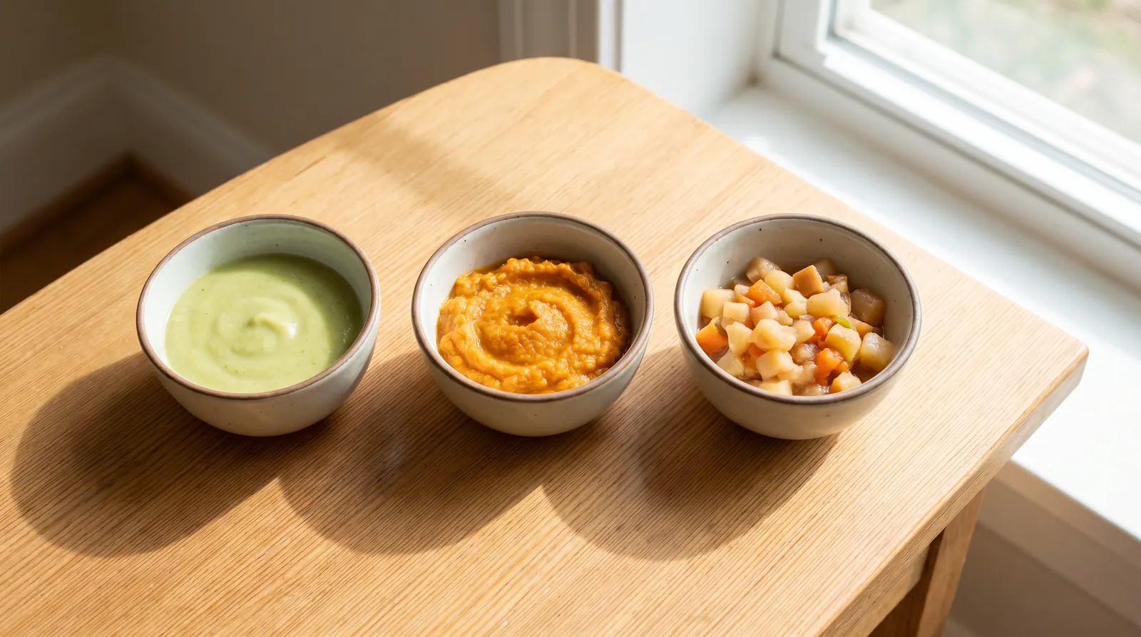 Baby food texture progression from smooth puree to soft pieces