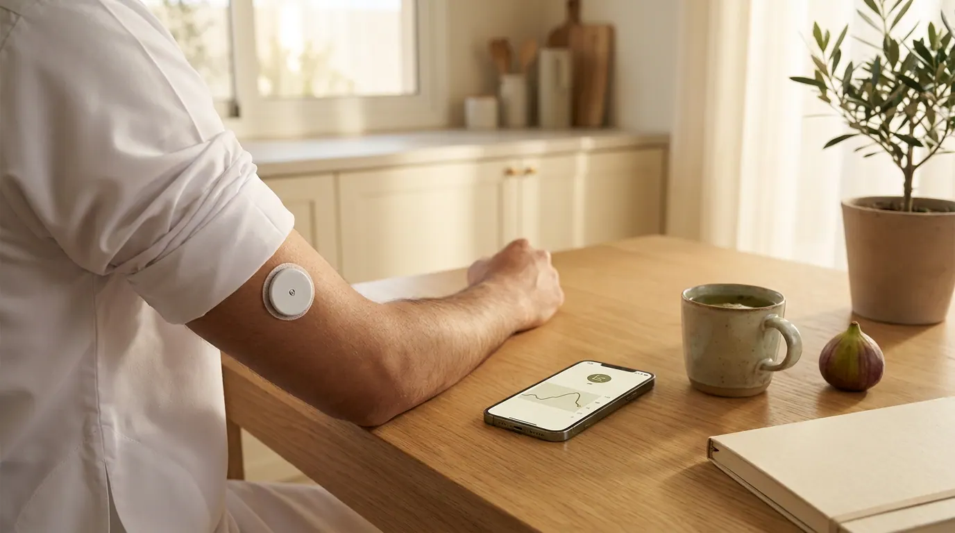 جِهاز Continuous Glucose Monitor CGM مُلتَصَق بِالذِّراع مَع تَطبيق هاتف يَعرض رَسم بَيانيّ لِلسُّكَّر