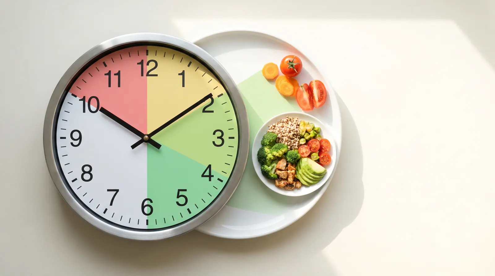 A clock next to a balanced plate symbolizing the eating window versus fasting hours