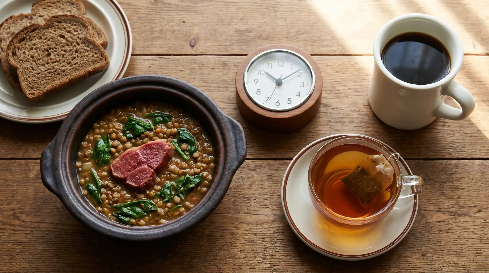 A cup of tea away from a meal plate