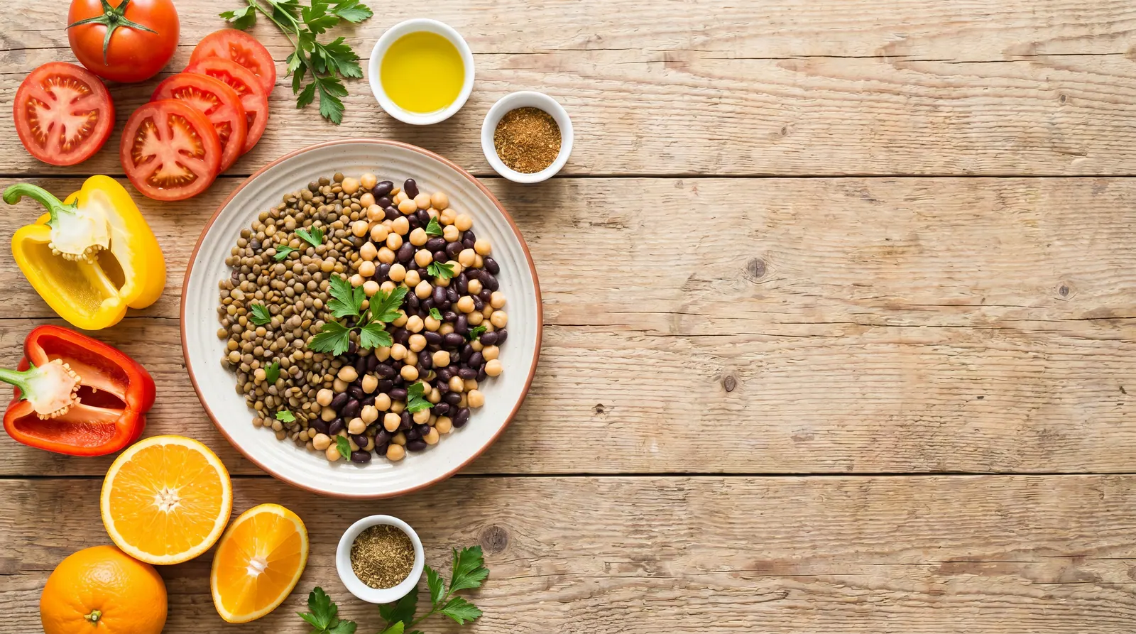 Tomatoes, peppers, and oranges next to a legume dish