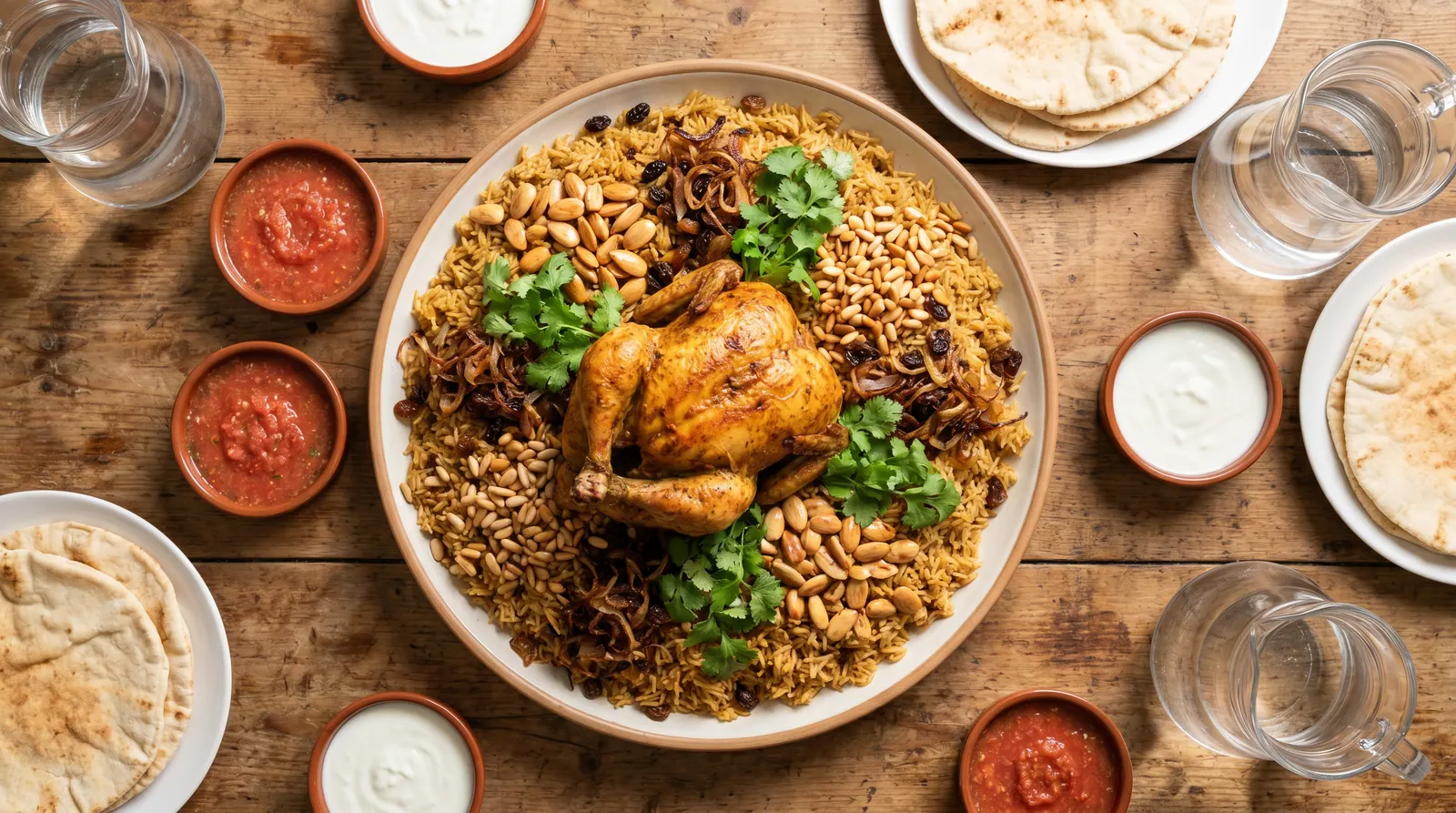 Traditional Kabsa dish on a family table