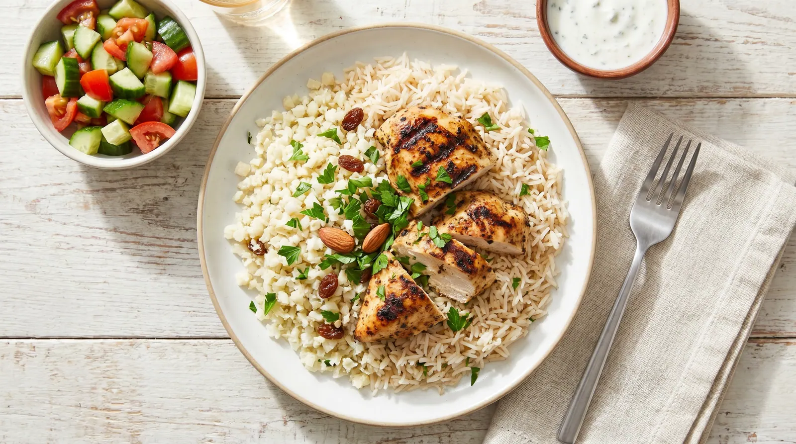 Lighter Kabsa: Rice mixed with grated cauliflower and skinless chicken