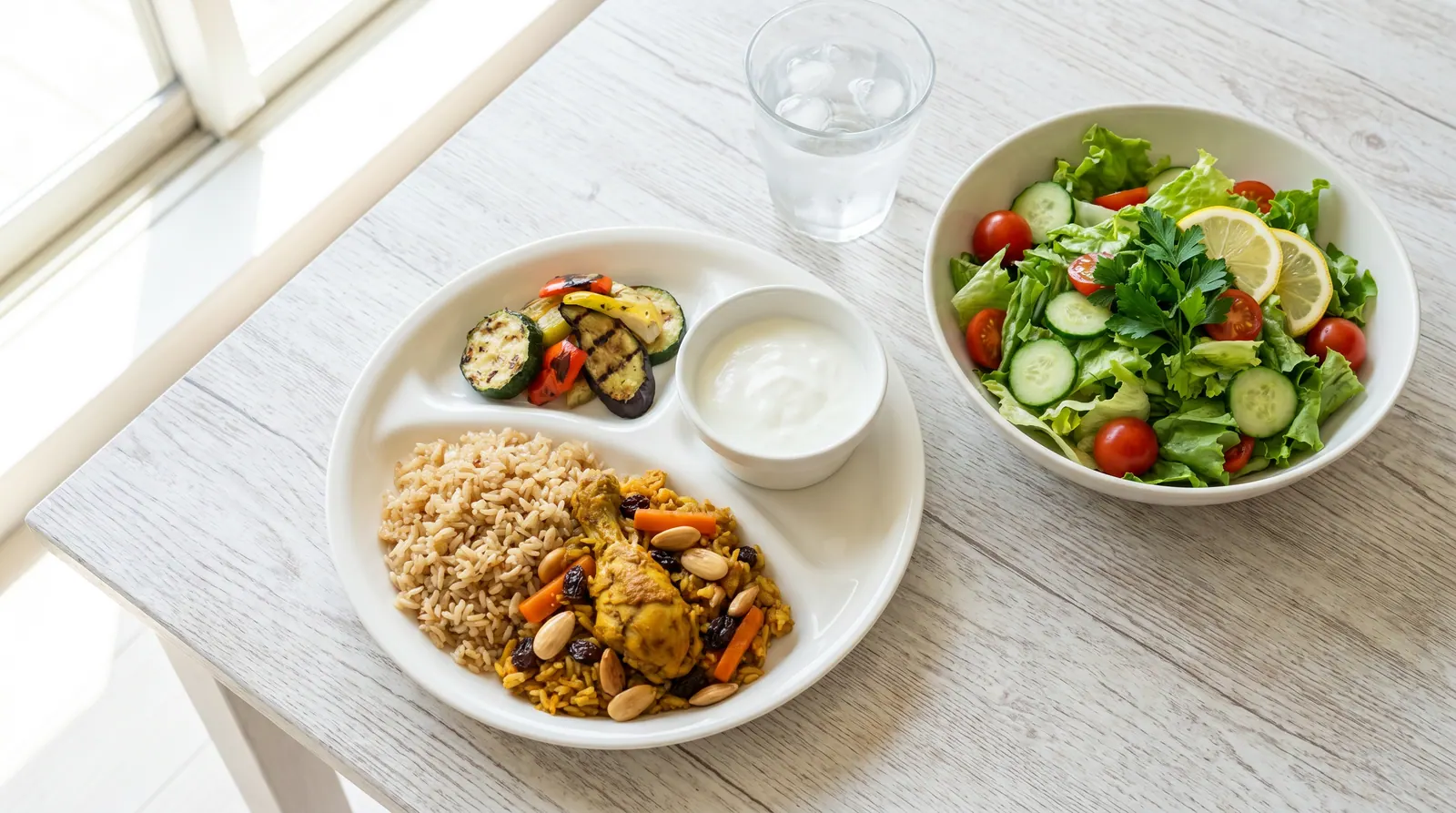 Kabsa dish with controlled portion, large salad, and a glass of water