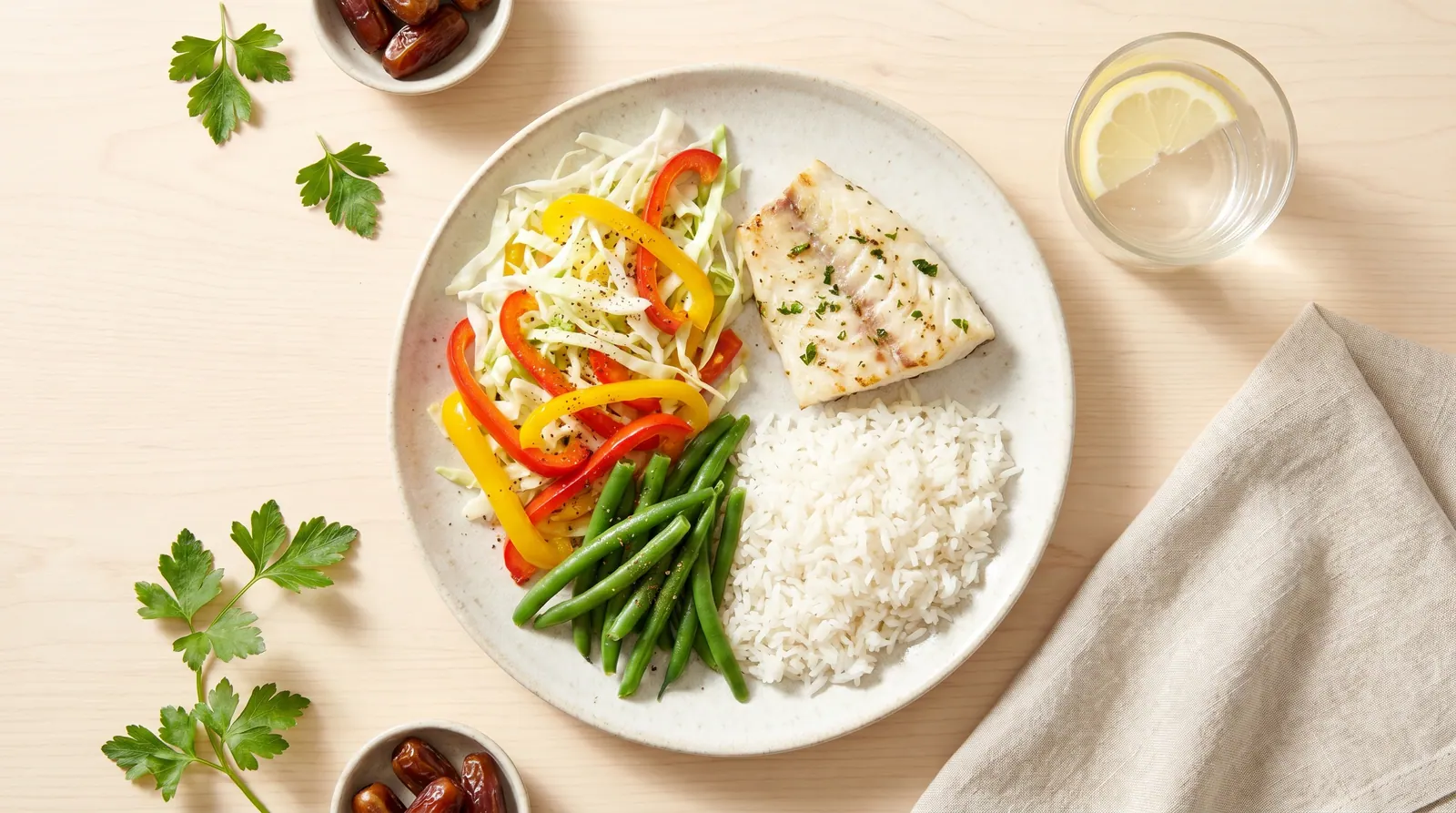 A kidney-friendly plate rich in vegetables and legumes with low salt