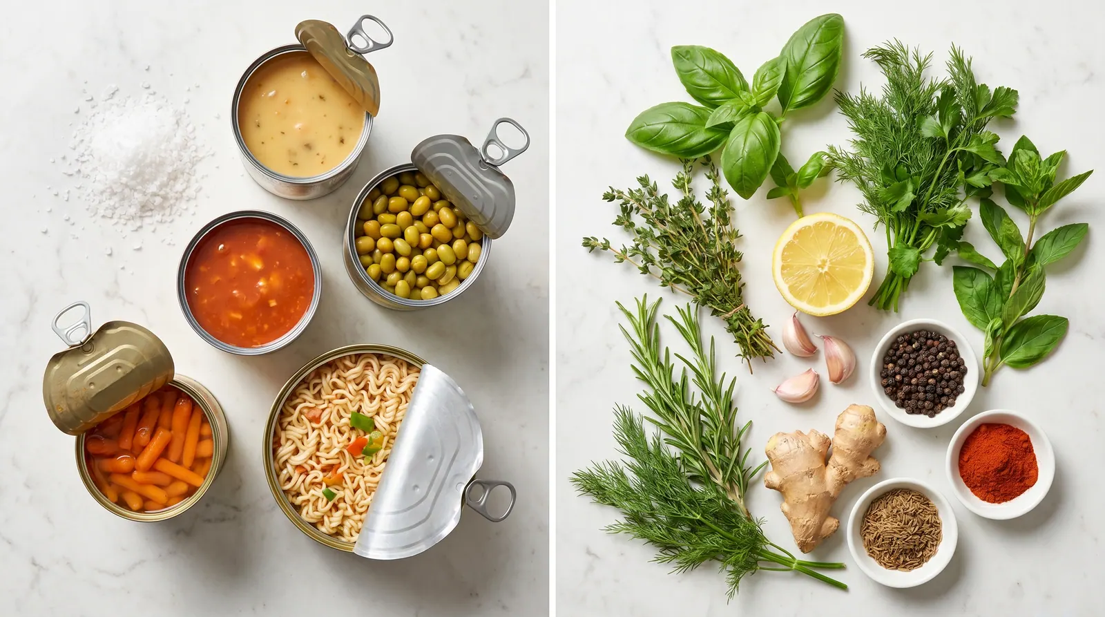 Salt alternatives: lemon, spices, and fresh herbs versus salty canned goods