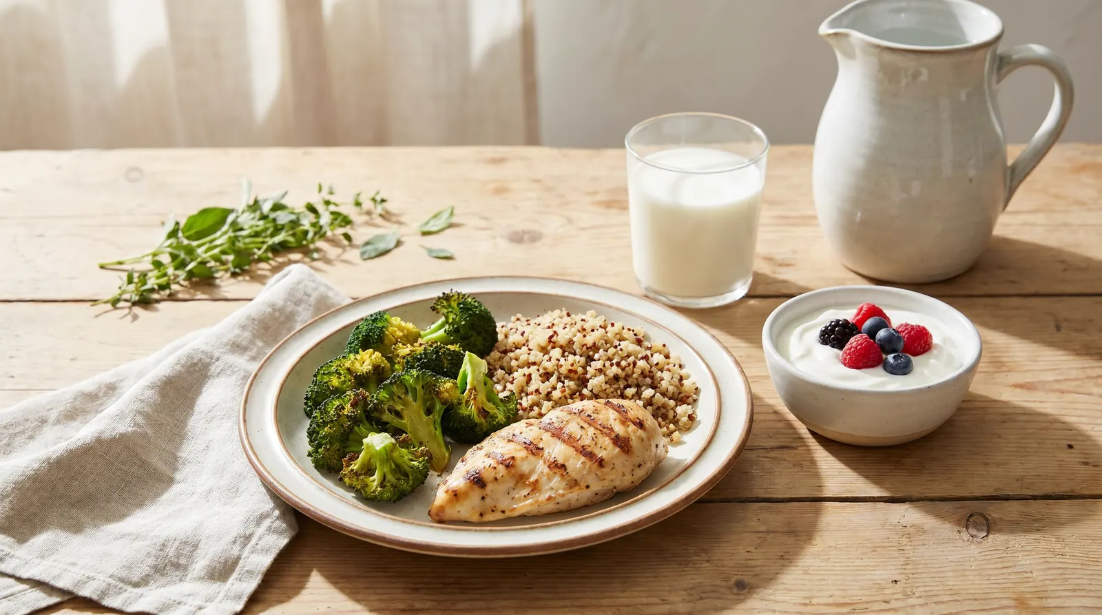 A glass of milk and a piece of cheese next to a balanced meal in soft lighting