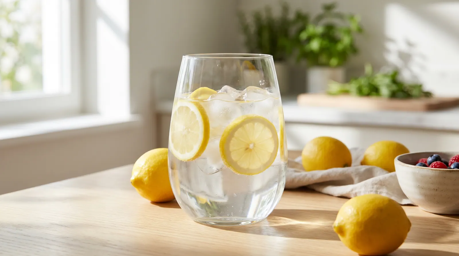A clear glass of water next to a pitcher on a table with soft daylight illumination