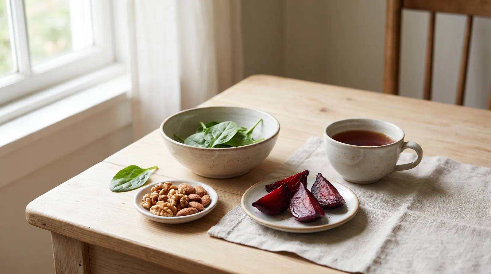 A plate of spinach next to yogurt and cheese, illustrating consuming oxalates with calcium
