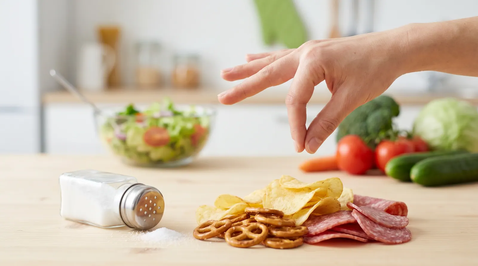 A salt shaker next to processed foods and pickles to highlight hidden sodium