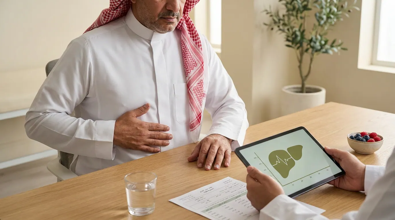 A Saudi patient reviewing liver test results with a gastroenterologist in a quiet clinic