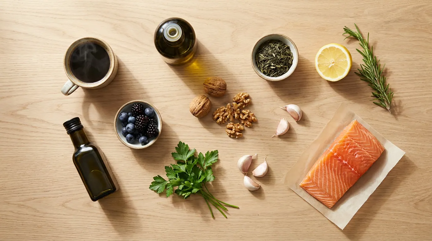 Liver-supporting foods: coffee, olive oil, berries, nuts, garlic, salmon, and green tea