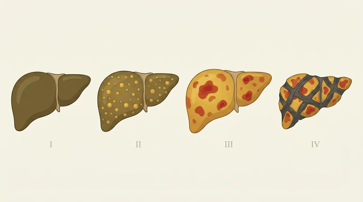 Stages of fatty liver progression from healthy liver to fibrosis