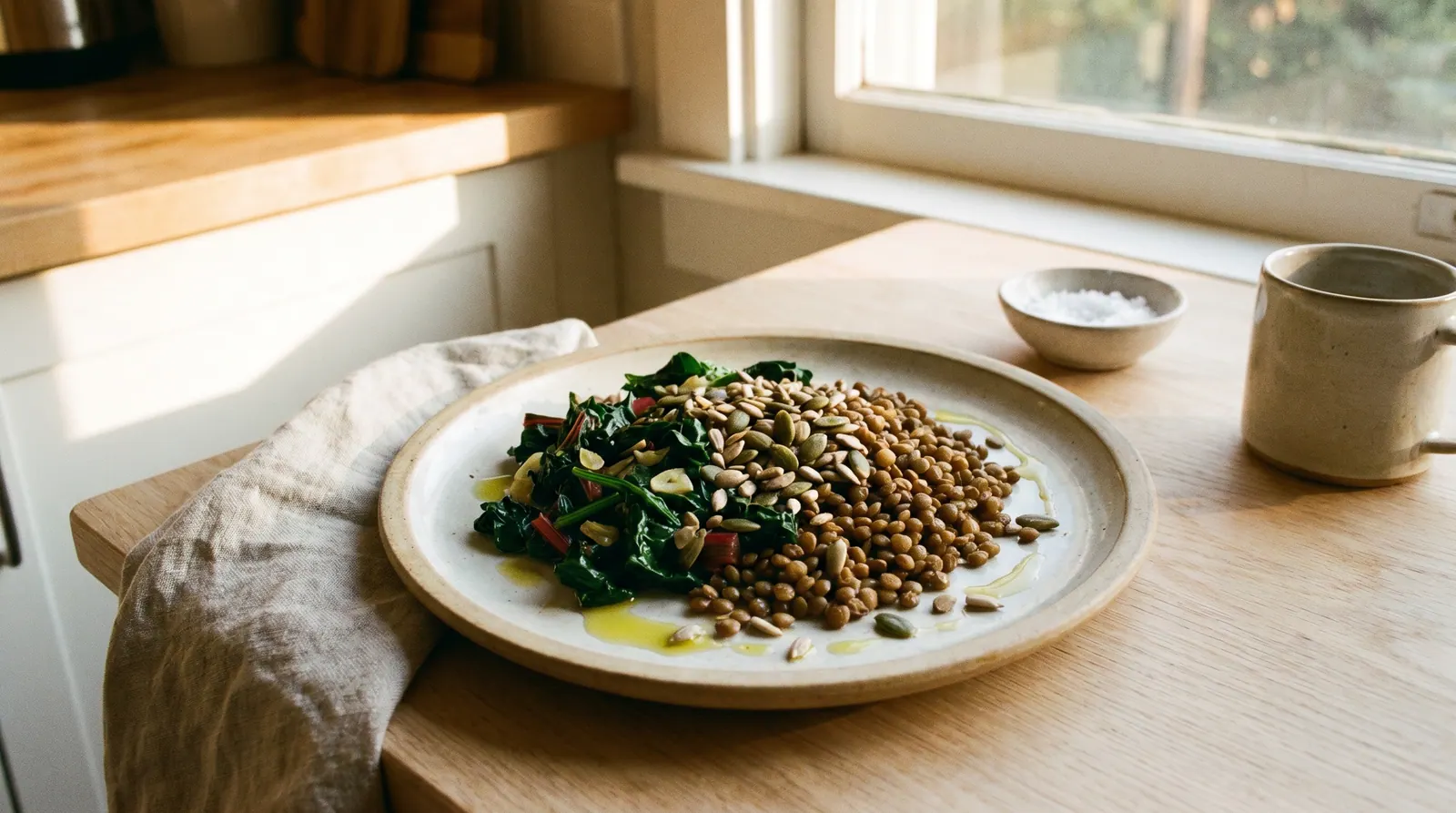 Balanced dinner plate rich in magnesium with calm evening lighting
