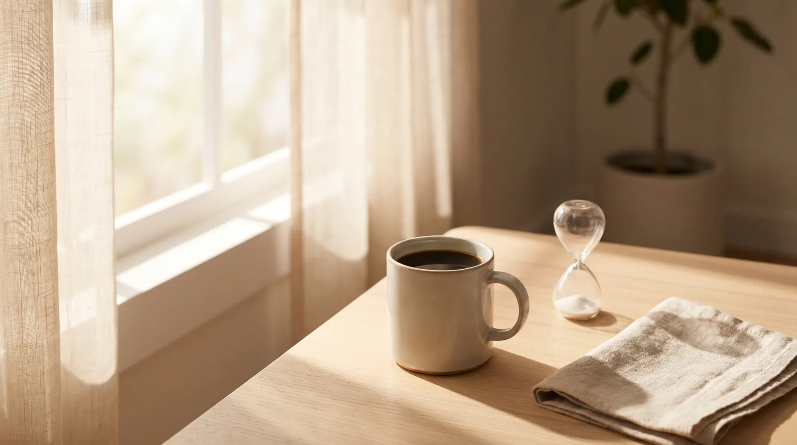 A coffee cup next to an afternoon clock with dim daylight