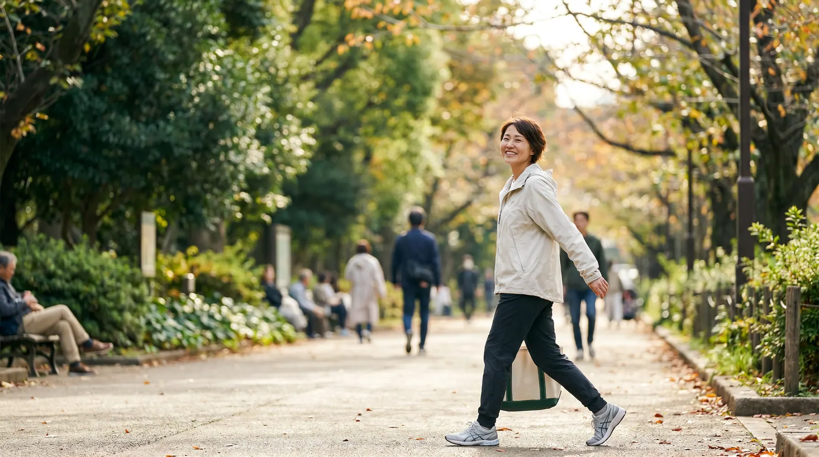 A person briskly walking outdoors, engaging in physical activity