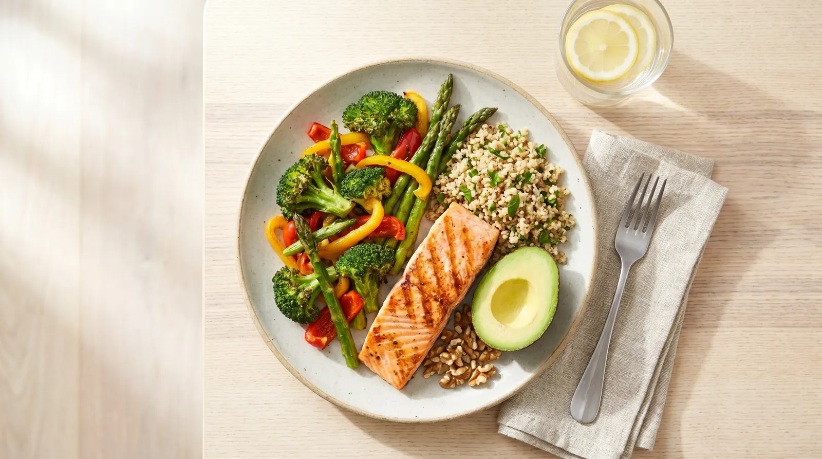 A balanced plate rich in vegetables, whole grains, fish, and legumes