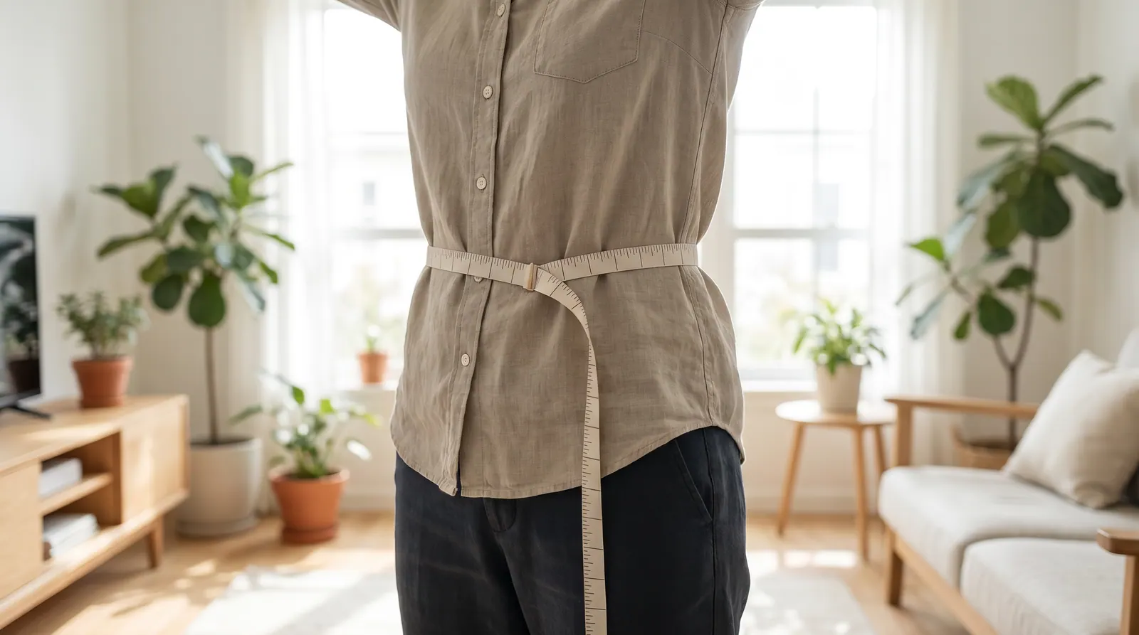 Measuring waist circumference with a tape measure at the navel level