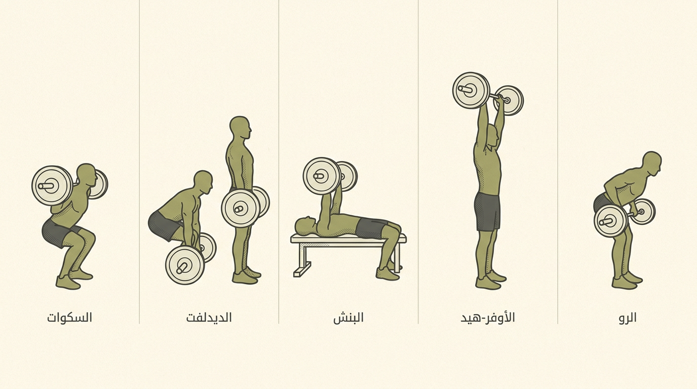 الـ ٥ تَمارين الكُبرى: السكوات، الديدلفت، البنش، الأوفر-هيد، الرو
