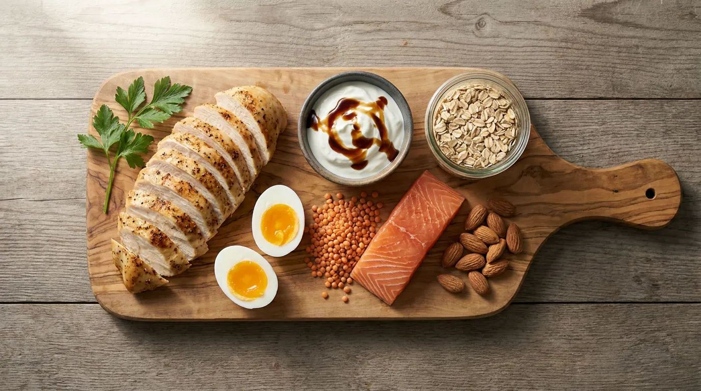 Saudi protein sources on a wooden board: chicken, eggs, Greek yogurt, salmon, lentils, oats, almonds