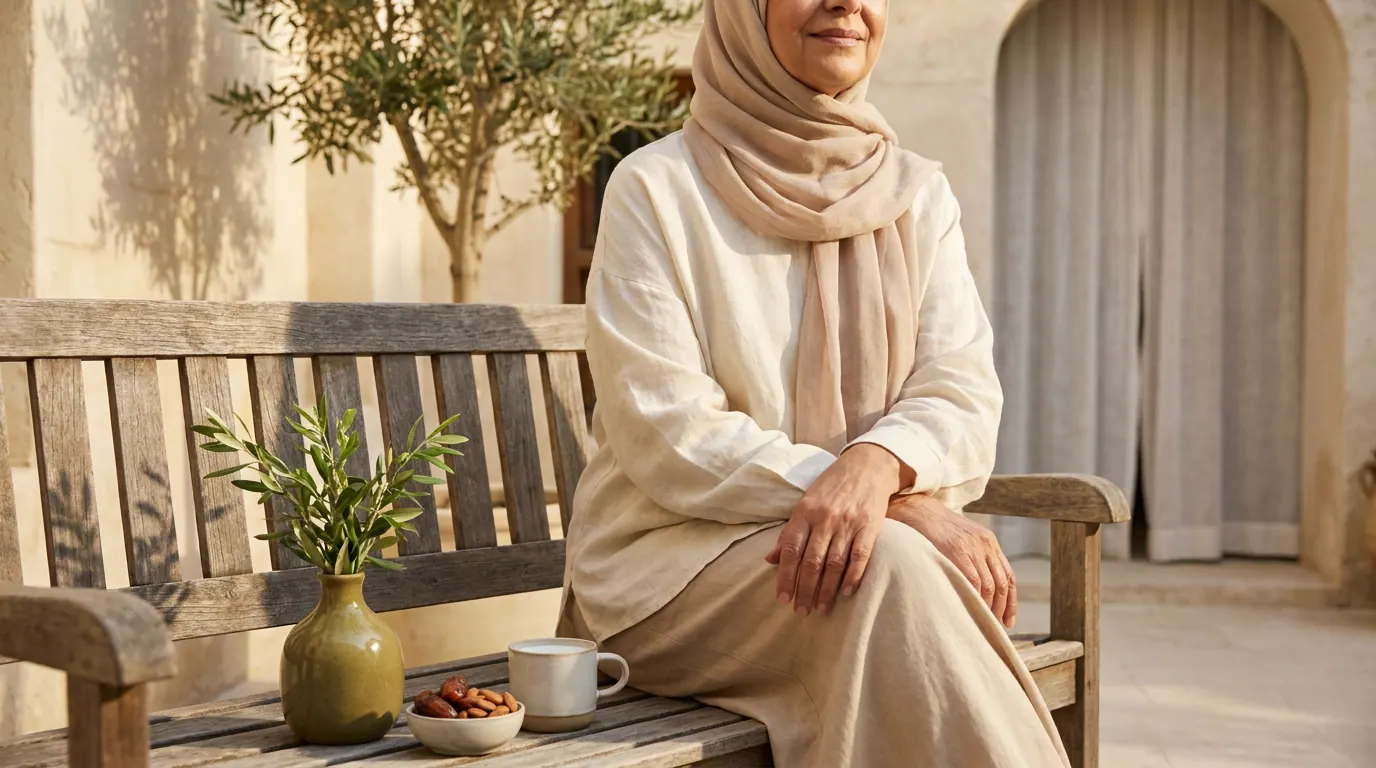 امرَأة سعوديّة كَبيرة تَجلِس في فِناء بَيت سعوديّ في الصَّباح لِتَلَقّي ضَوء الشَّمس وَفيتامين د