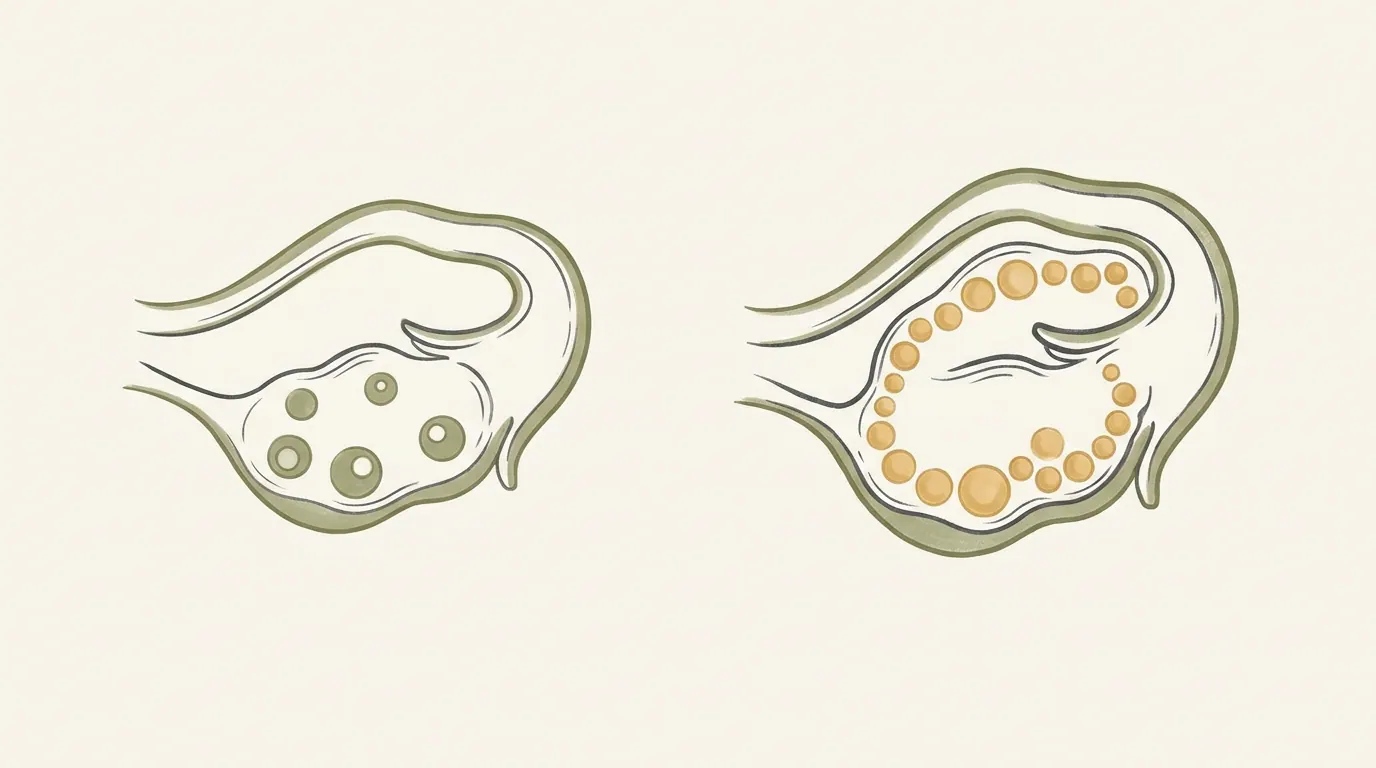 Visual comparison between a healthy ovary and a polycystic ovary with the 'string of pearls' pattern