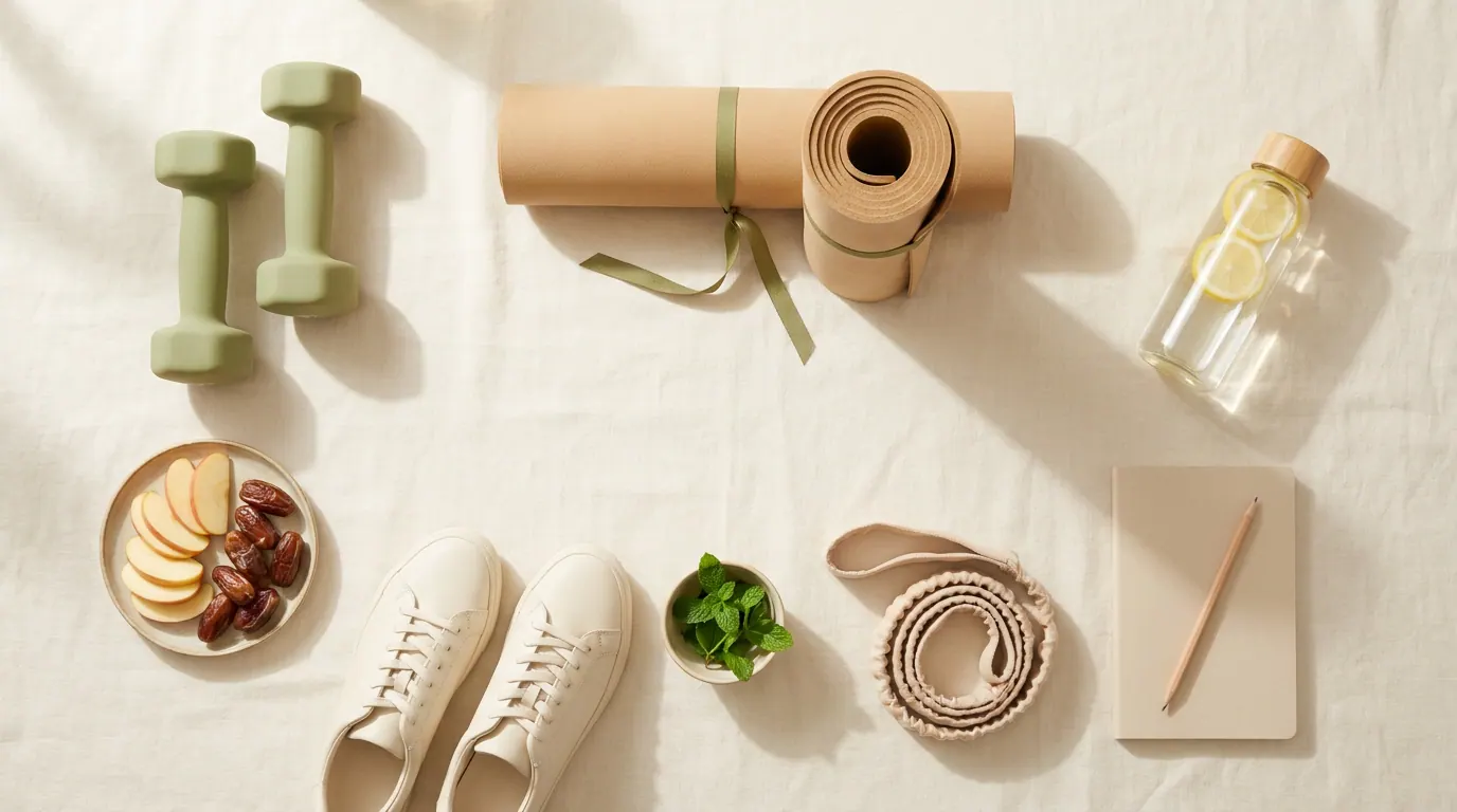 Gentle exercise equipment: light weights, yoga mat, water bottle, athletic shoes, and fresh spearmint
