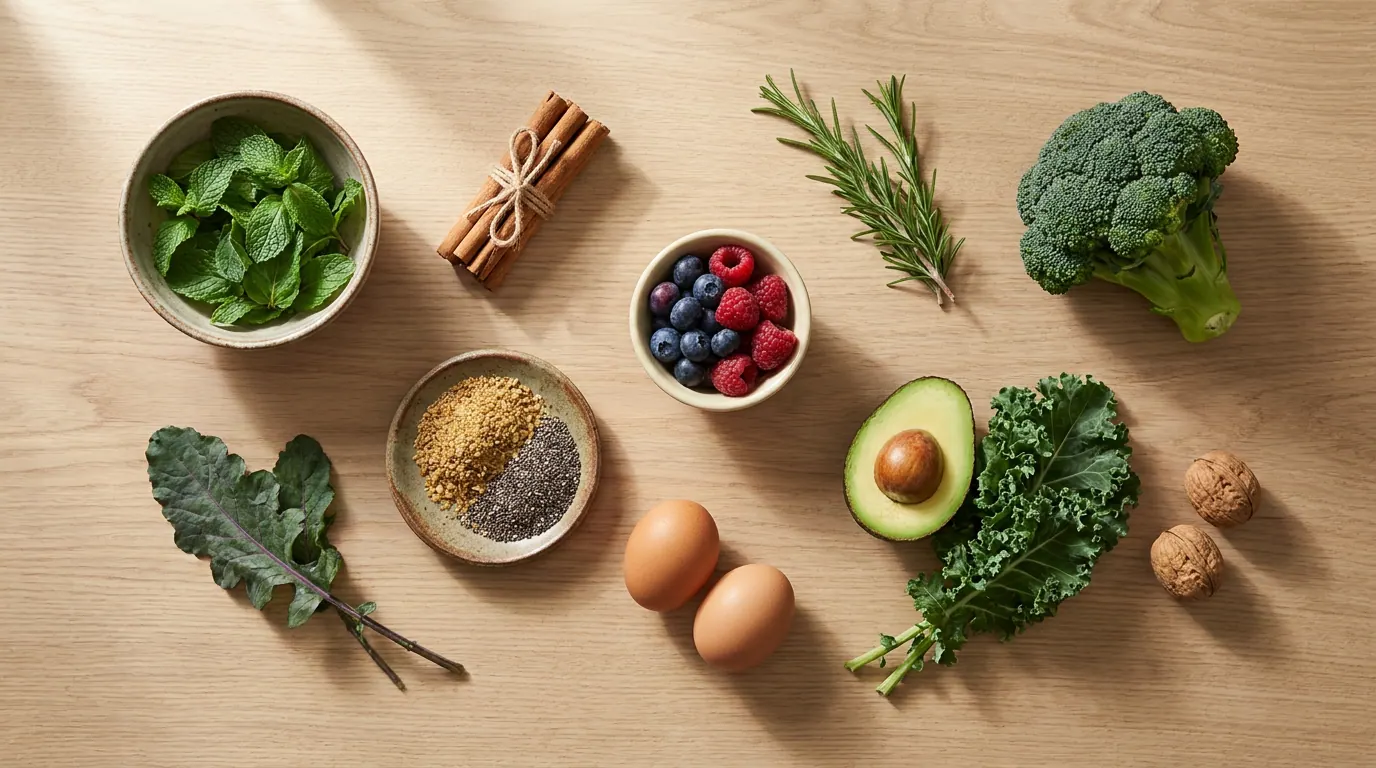 PCOS-supportive foods: spearmint, cinnamon, flaxseeds, berries, eggs, avocado, kale, and walnuts